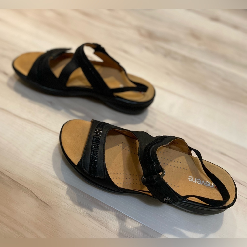 Revere~Rio~Onyx/BlackLizard~Leather~Adjustable Hook & Loop Strap~Sandal~Size 10 - Picture 3 of 14